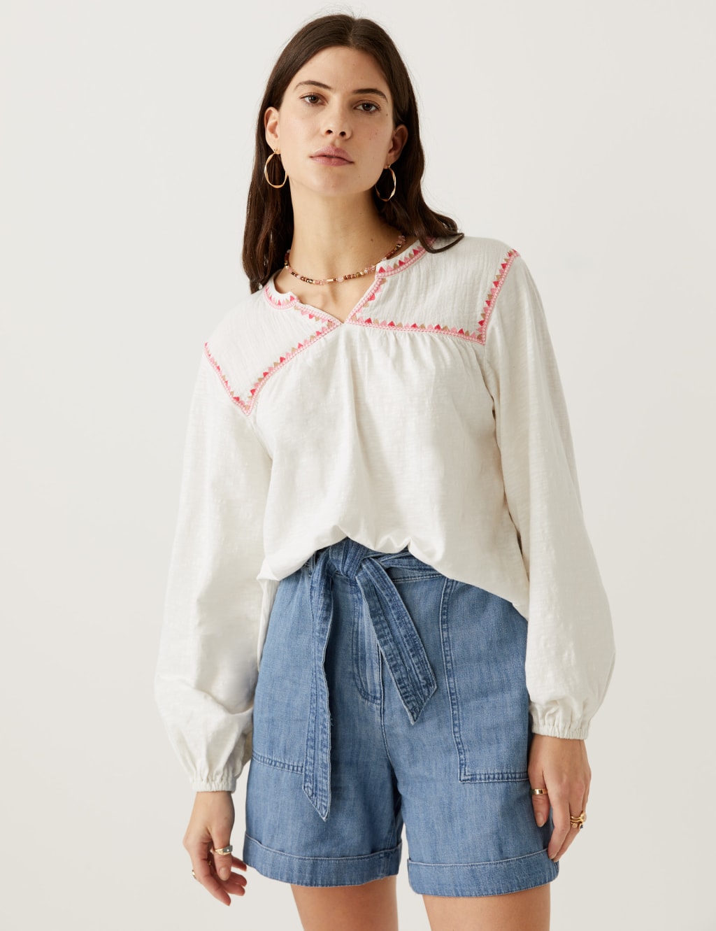 Pure Cotton Embroidered Notch Neck Top 1 of 6