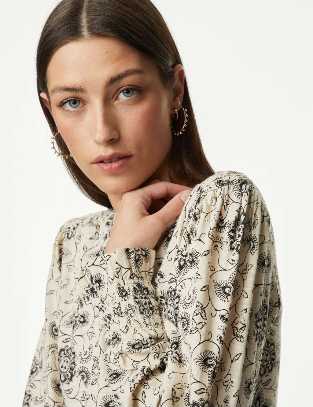 Pure Cotton Printed Shirred Puff Sleeve Top 1 of 5