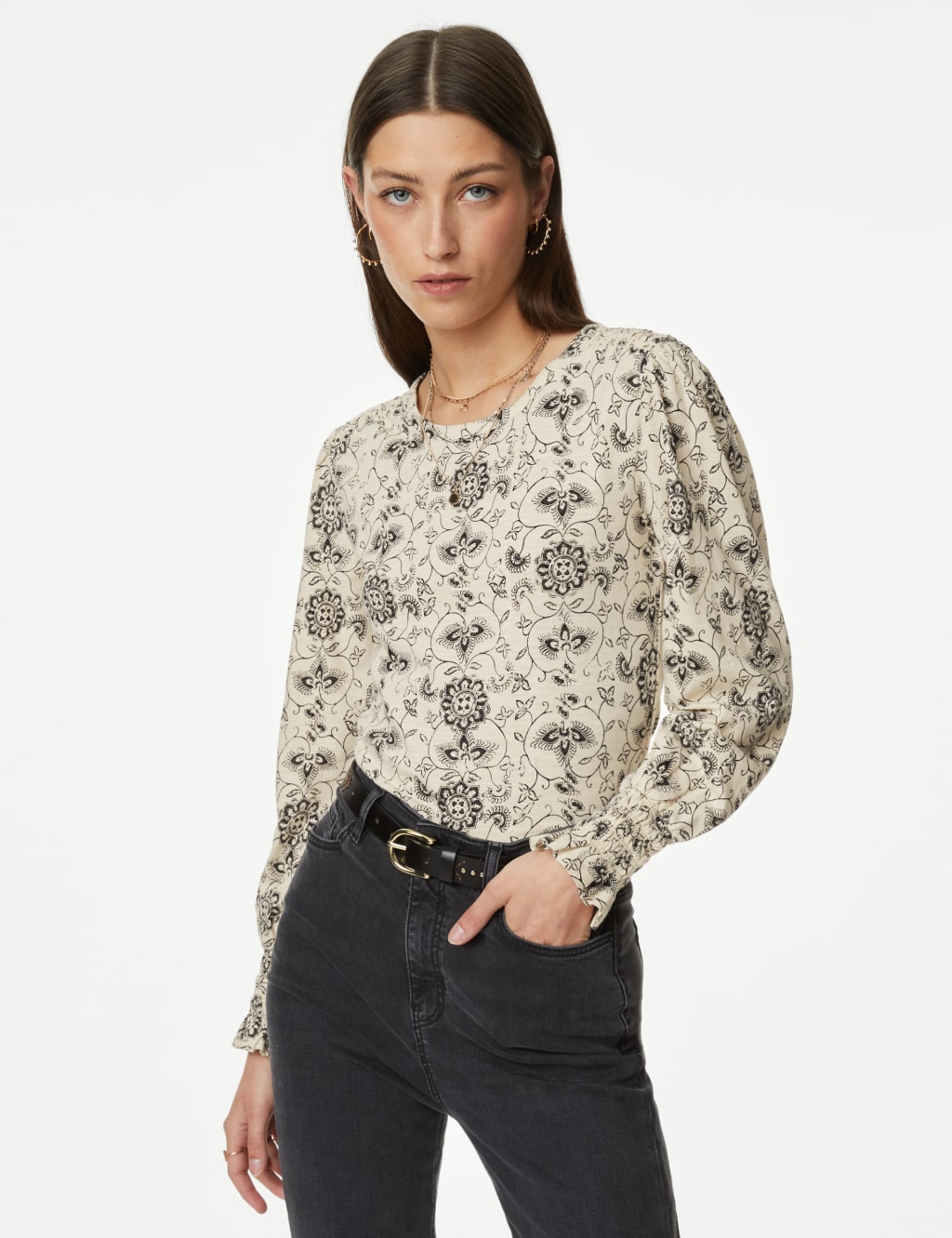 Pure Cotton Printed Shirred Puff Sleeve Top 4 of 5