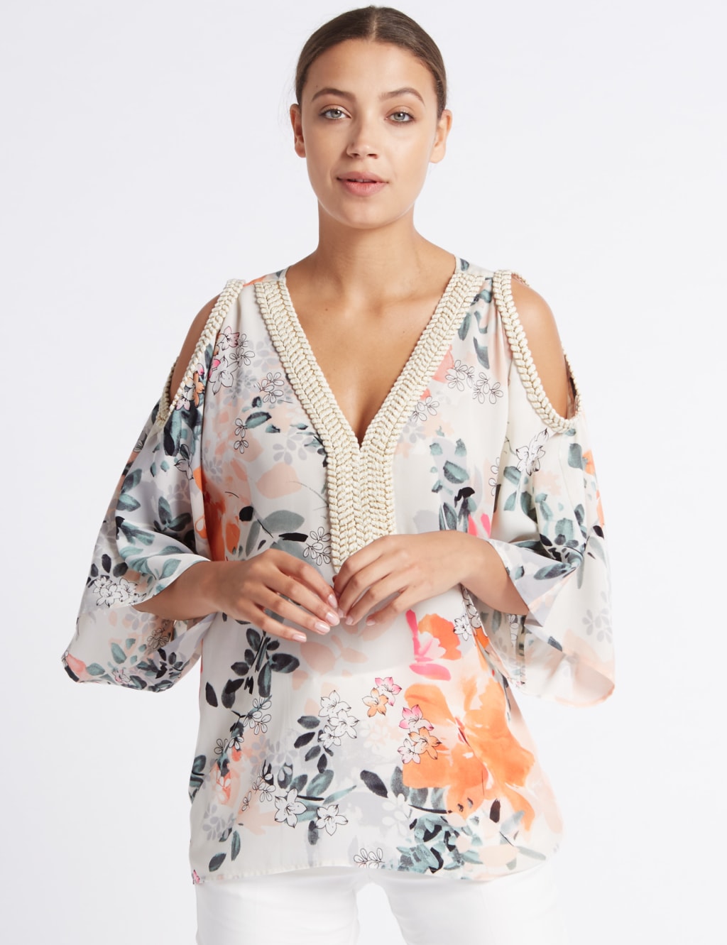 Floral Print Cold Shoulder V-Neck Tunic 1 of 4
