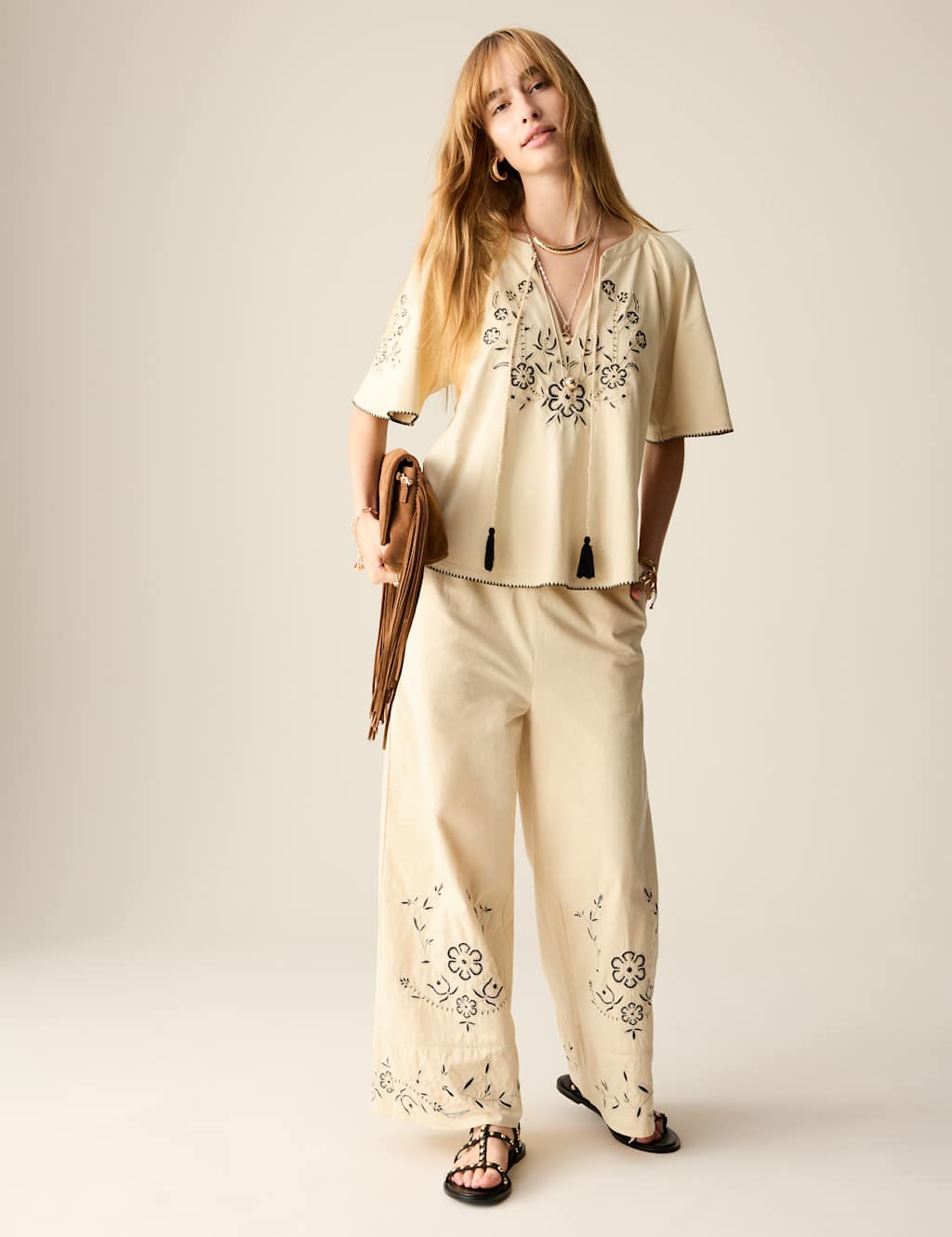Pure Cotton Embroidered Tie Neck Blouse 3 of 7