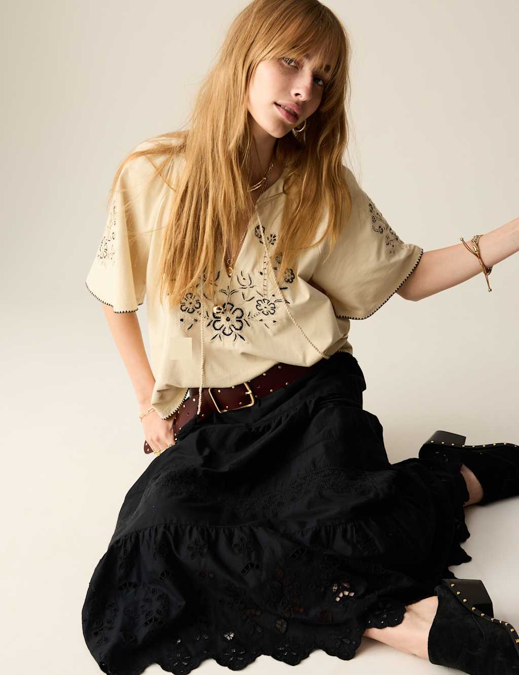 Pure Cotton Embroidered Tie Neck Blouse 5 of 7