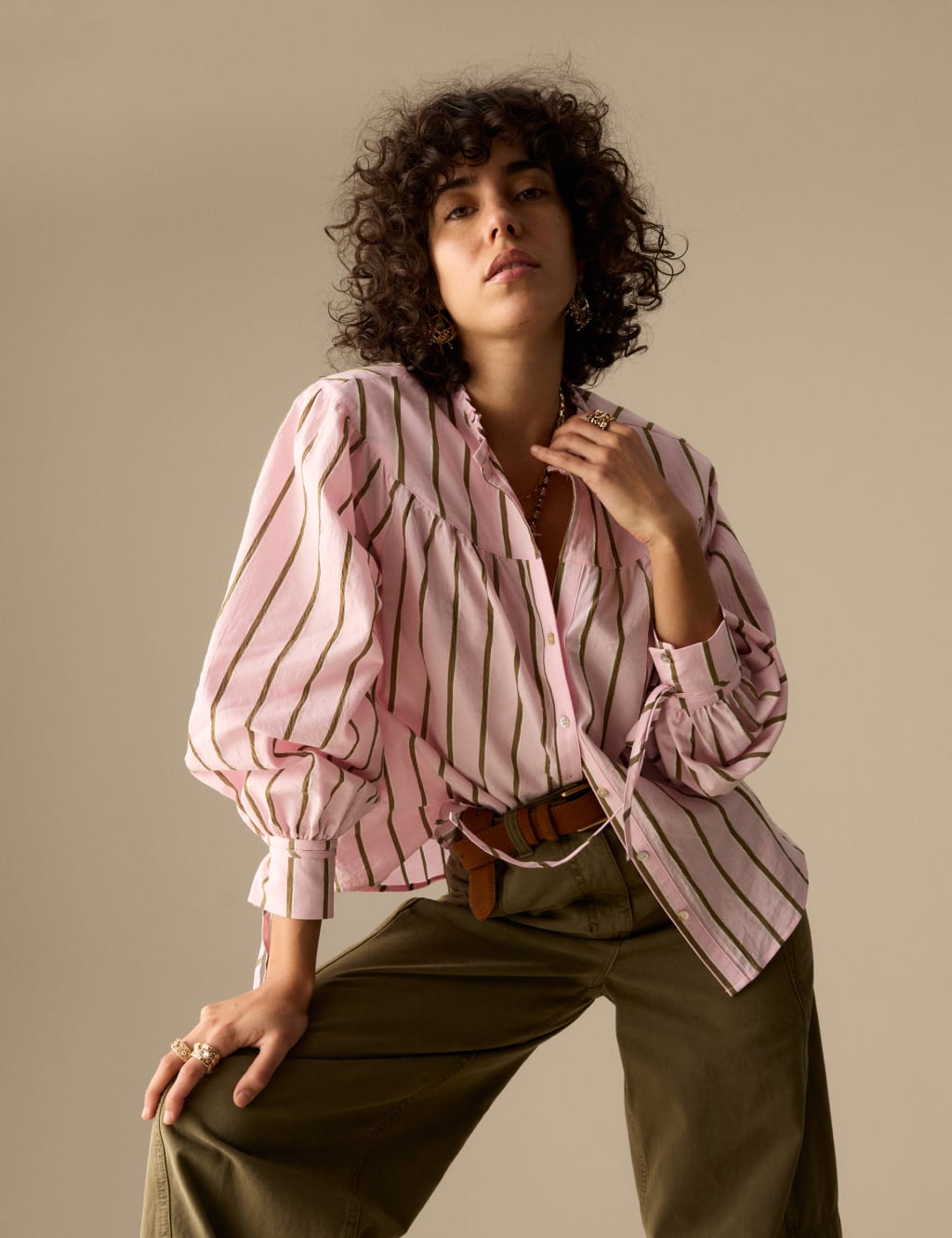 Cotton Blend Striped V-Neck Shirt 3 of 5
