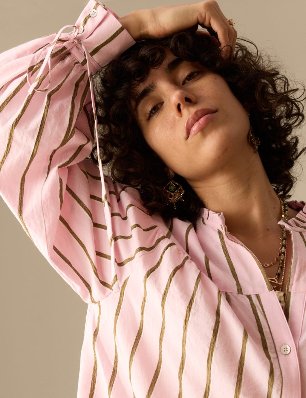Cotton Blend Striped V-Neck Shirt 5 of 5