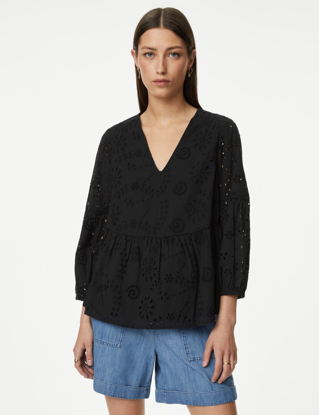 Pure Cotton Broderie V-Neck Blouse 1 of 5