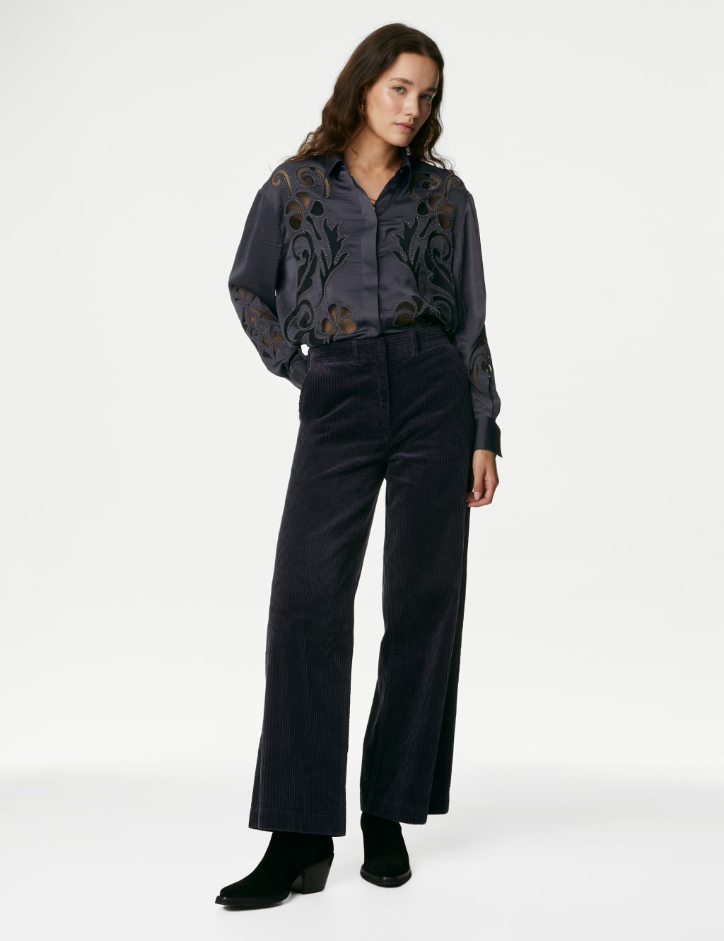 Satin Beaded Collared Cutwork Detail Shirt 3 of 6