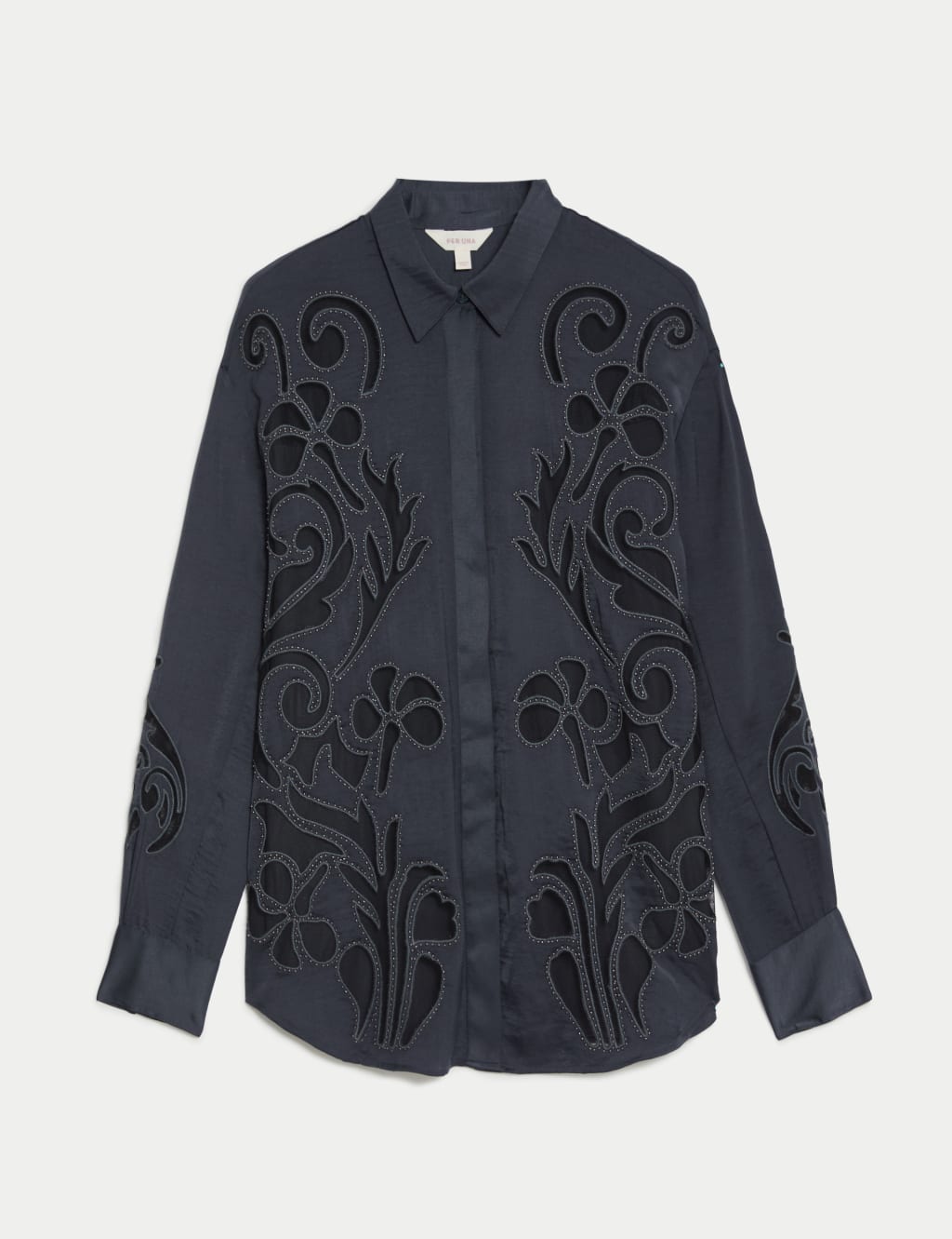 Satin Beaded Collared Cutwork Detail Shirt 2 of 6