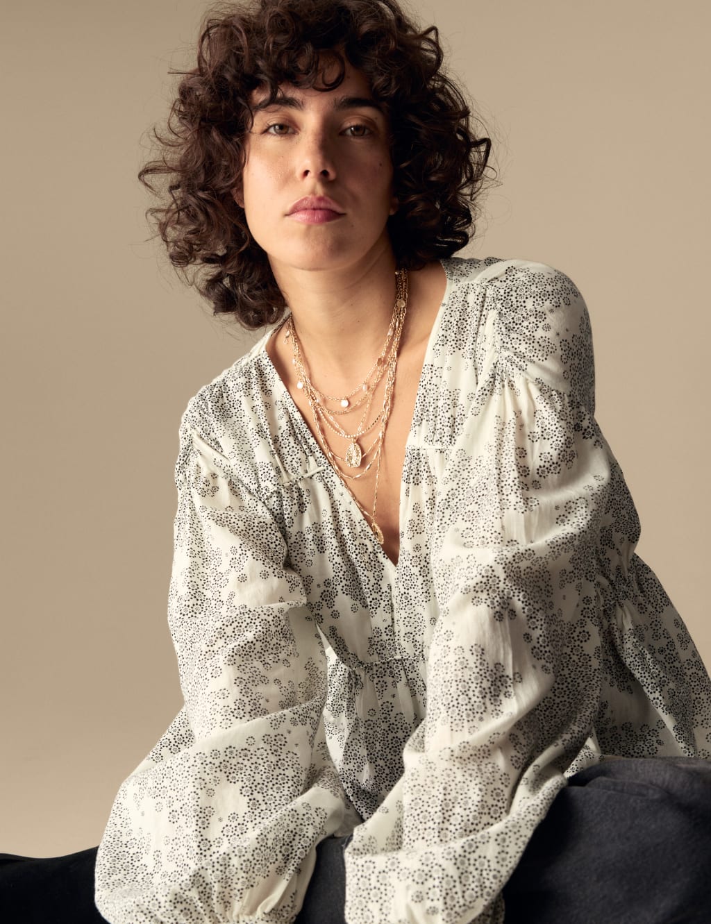 Cotton Rich Printed V-Neck Seam Detail Blouse 1 of 4