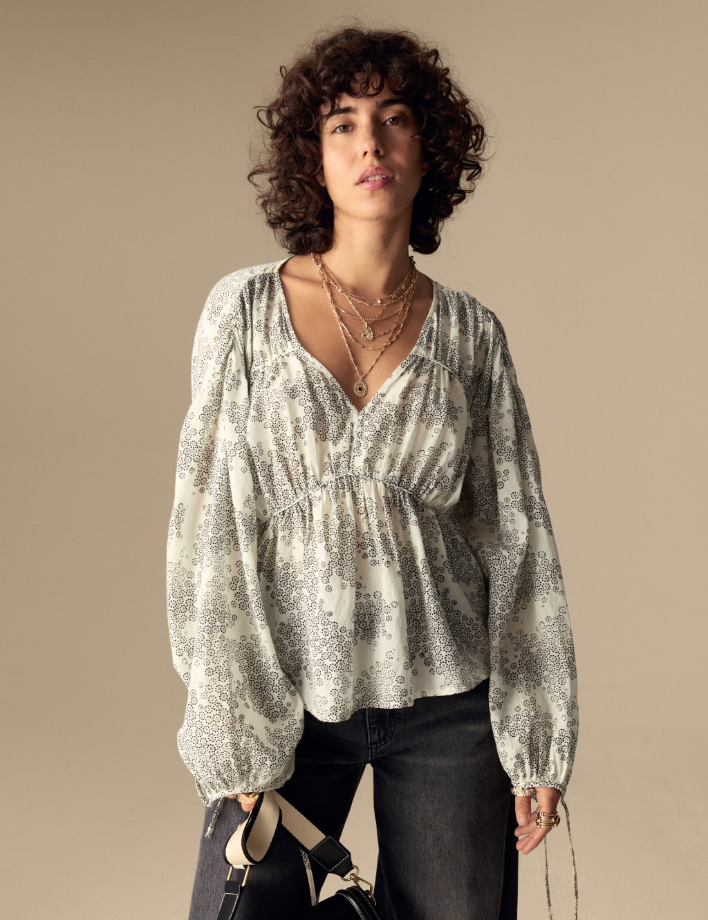 Cotton Rich Printed V-Neck Seam Detail Blouse 4 of 4