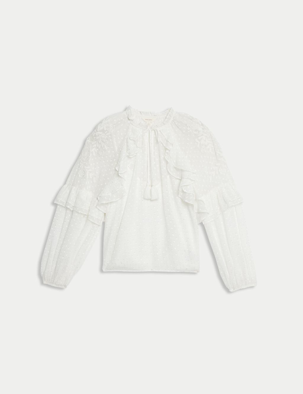Textured Tie Neck Ruffle Puff Sleeve Blouse 2 of 6