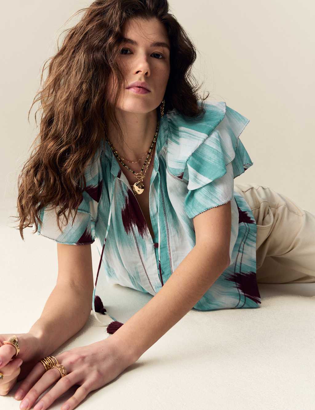 Cotton Rich Printed Tie Neck Frill Detail Top 1 of 5