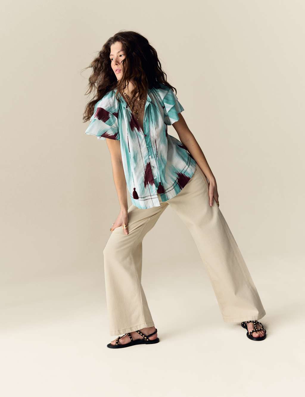 Cotton Rich Printed Tie Neck Frill Detail Top 3 of 5