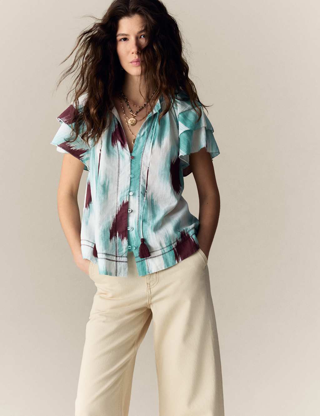 Cotton Rich Printed Tie Neck Frill Detail Top 5 of 5