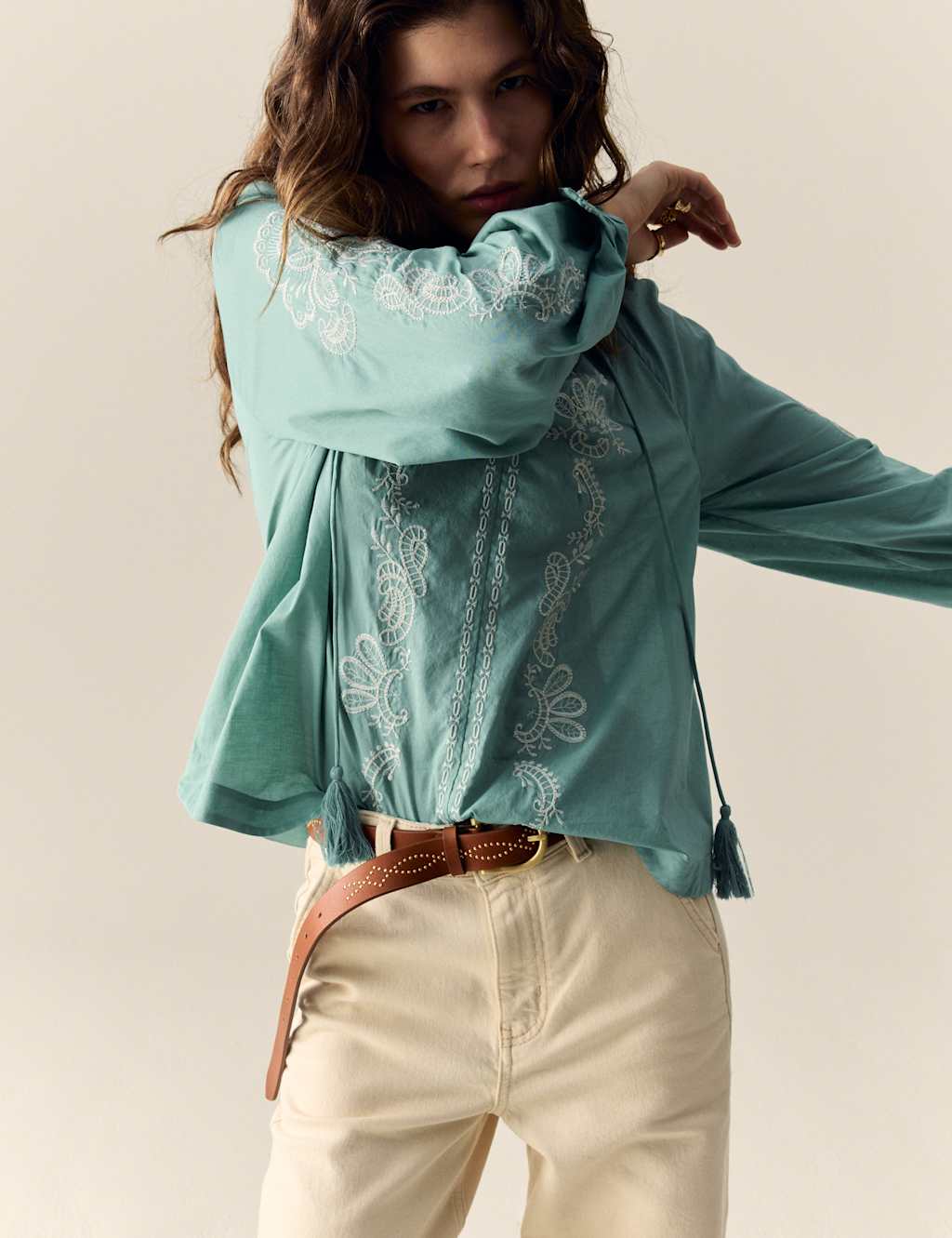 Pure Cotton Embroidered Tie Neck Oversized Blouse 3 of 5