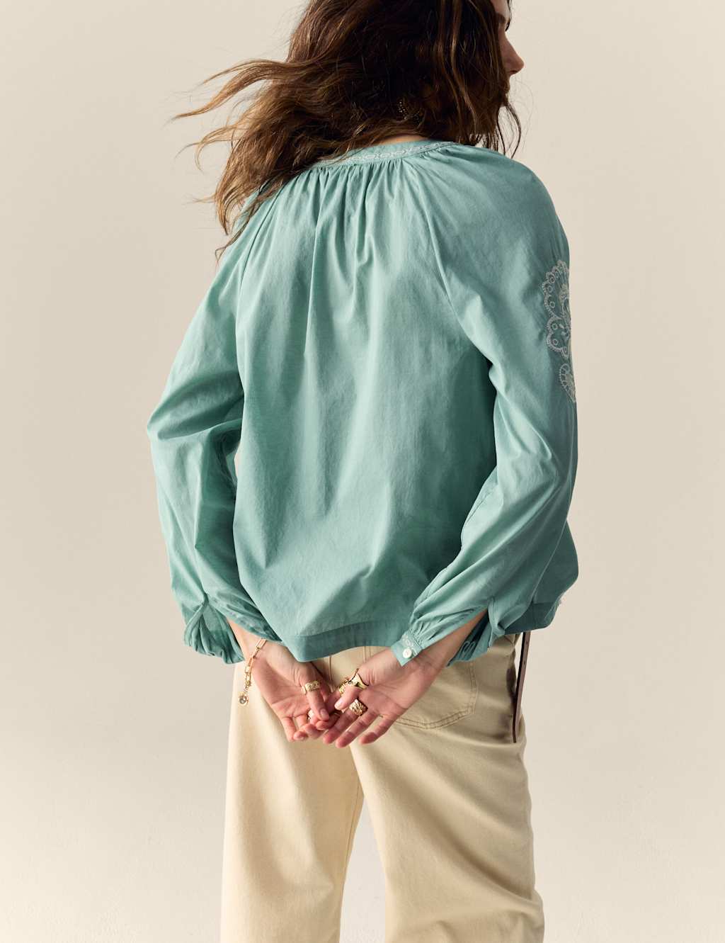 Pure Cotton Embroidered Tie Neck Oversized Blouse 4 of 5