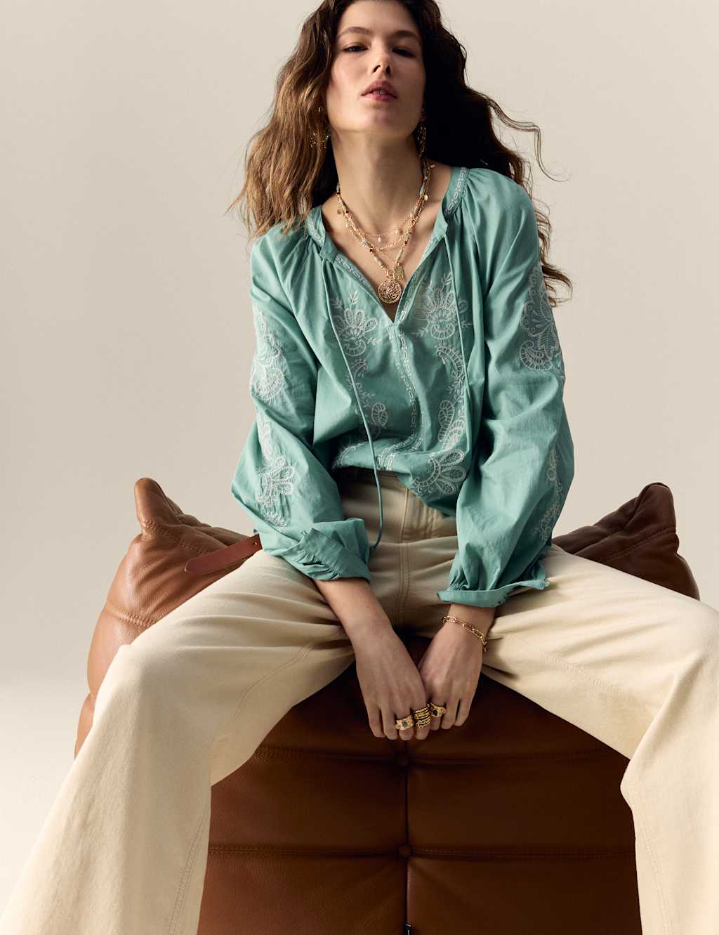 Pure Cotton Embroidered Tie Neck Oversized Blouse 5 of 5
