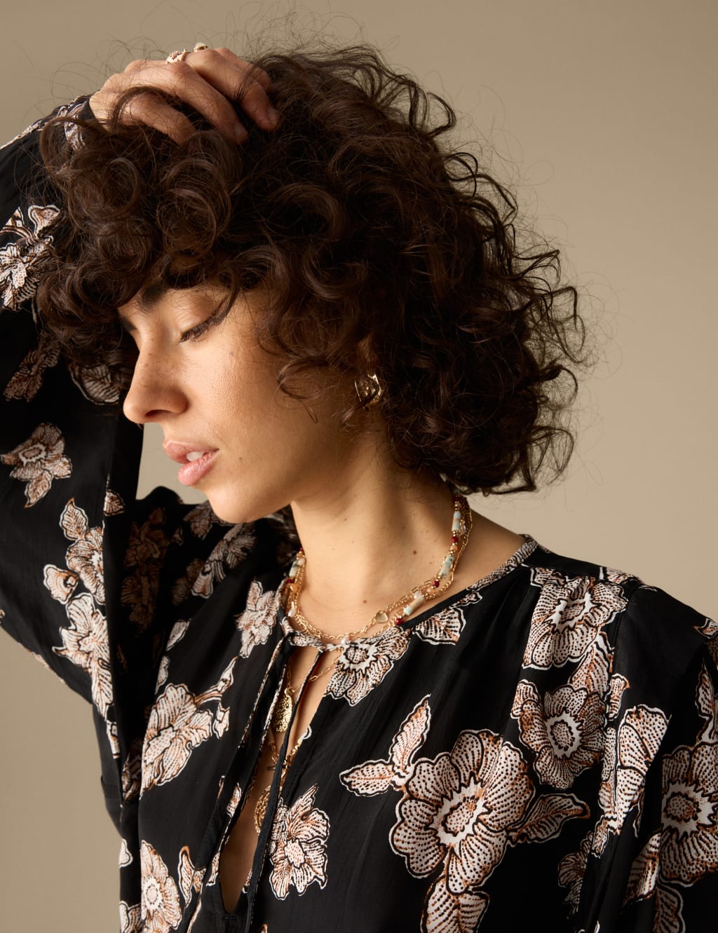 Floral Tie Neck Blouson Sleeve Blouse 5 of 5