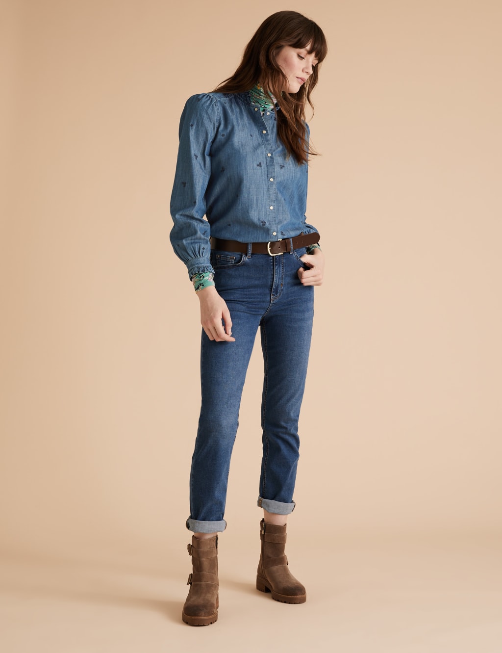 Tencel™ Denim Embroidered Ruffle Blouse 3 of 5