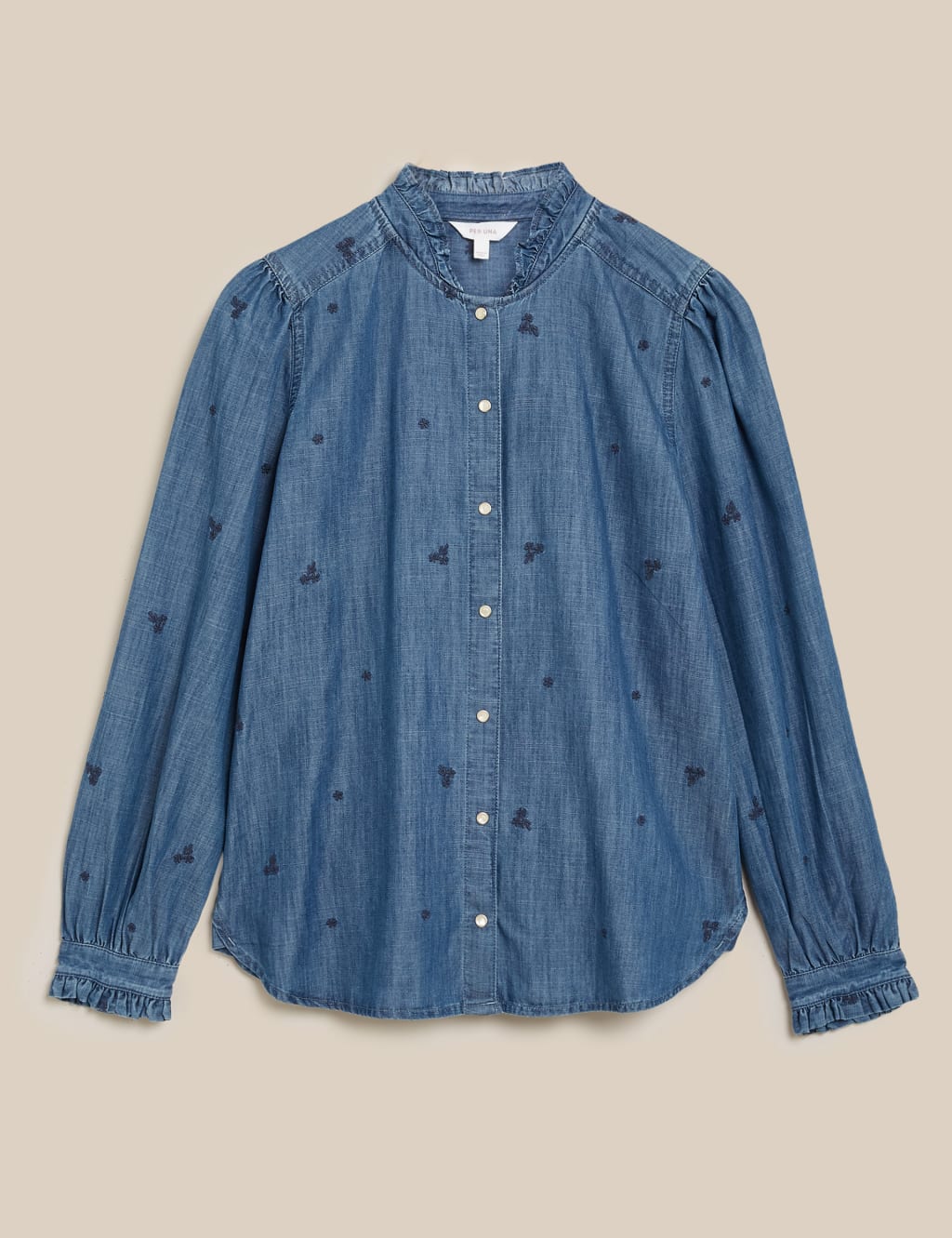 Tencel™ Denim Embroidered Ruffle Blouse 2 of 5