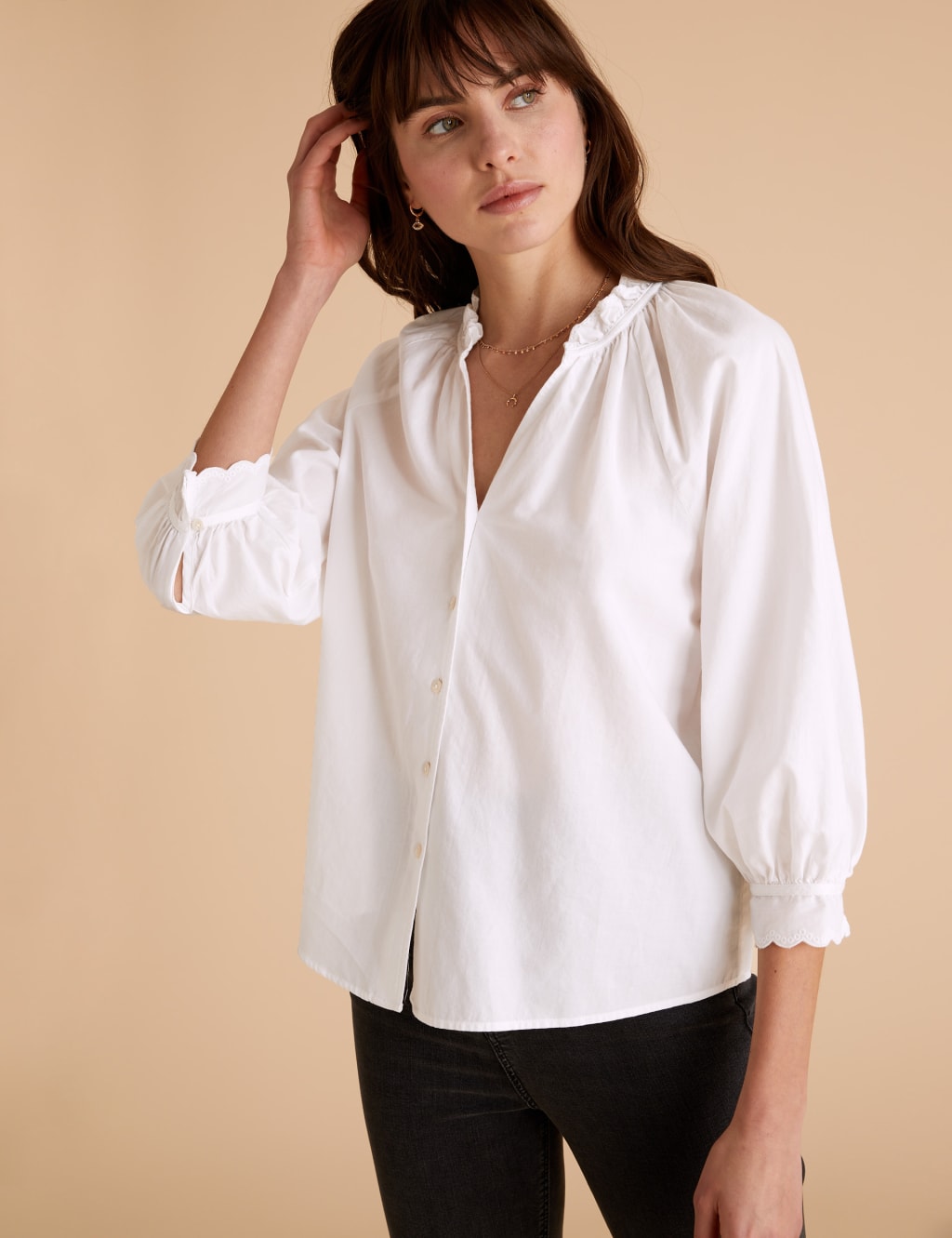 Pure Cotton V-Neck Frill Detail Blouse 3 of 5
