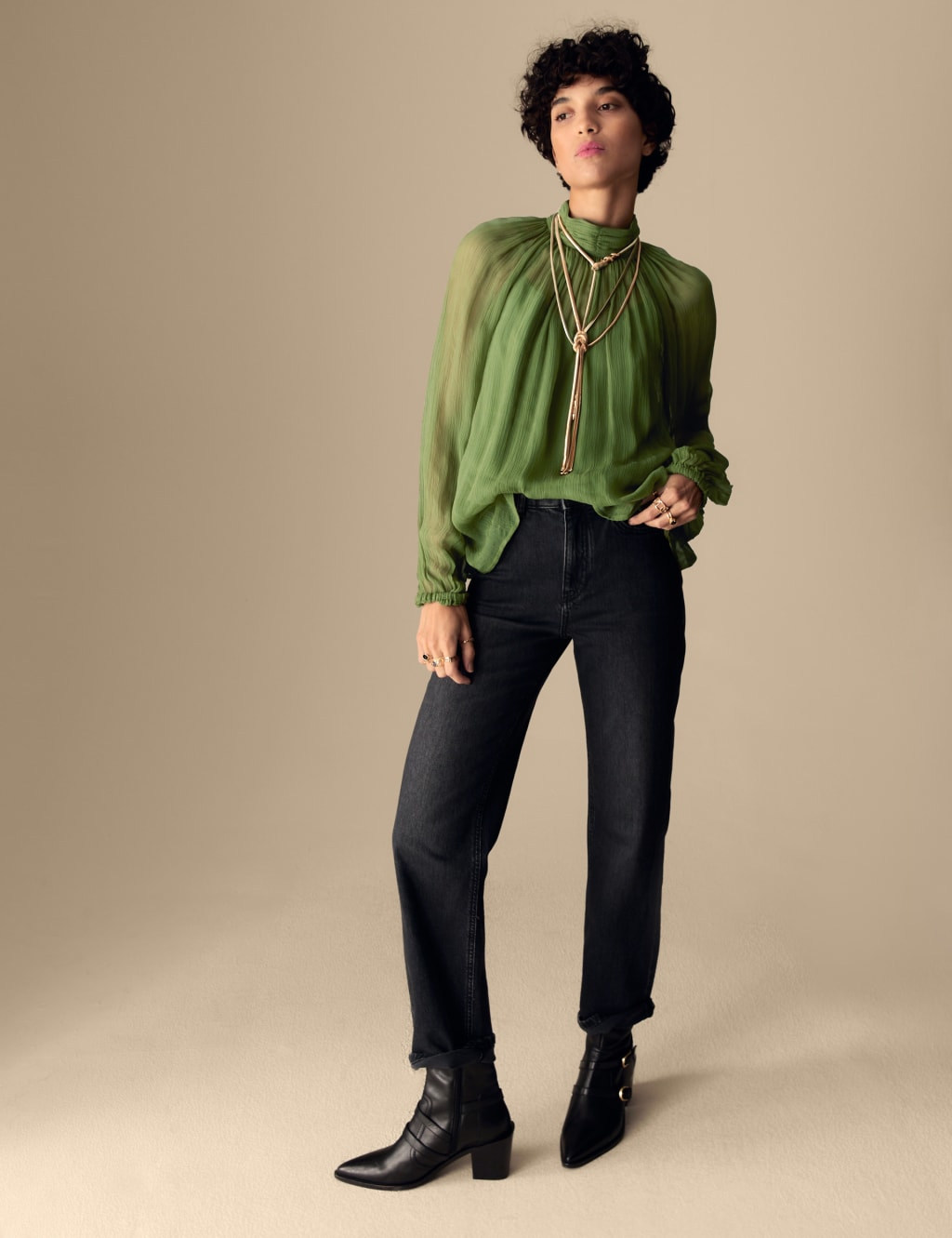 Sheer Gathered High Neck Blouse