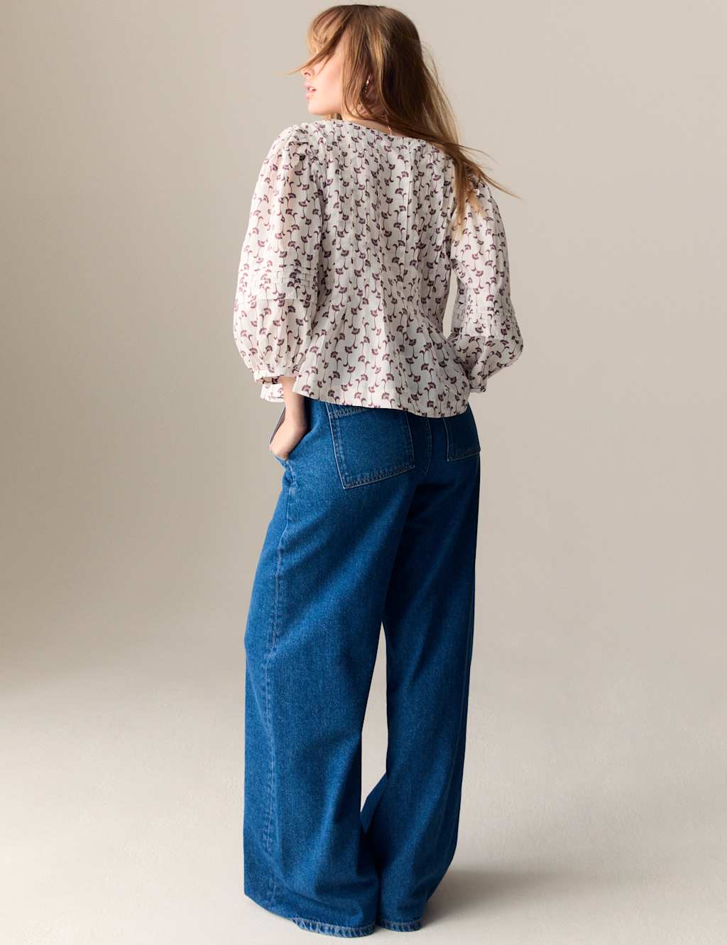 Pure Cotton Printed V-Neck Pintuck Blouse 3 of 5