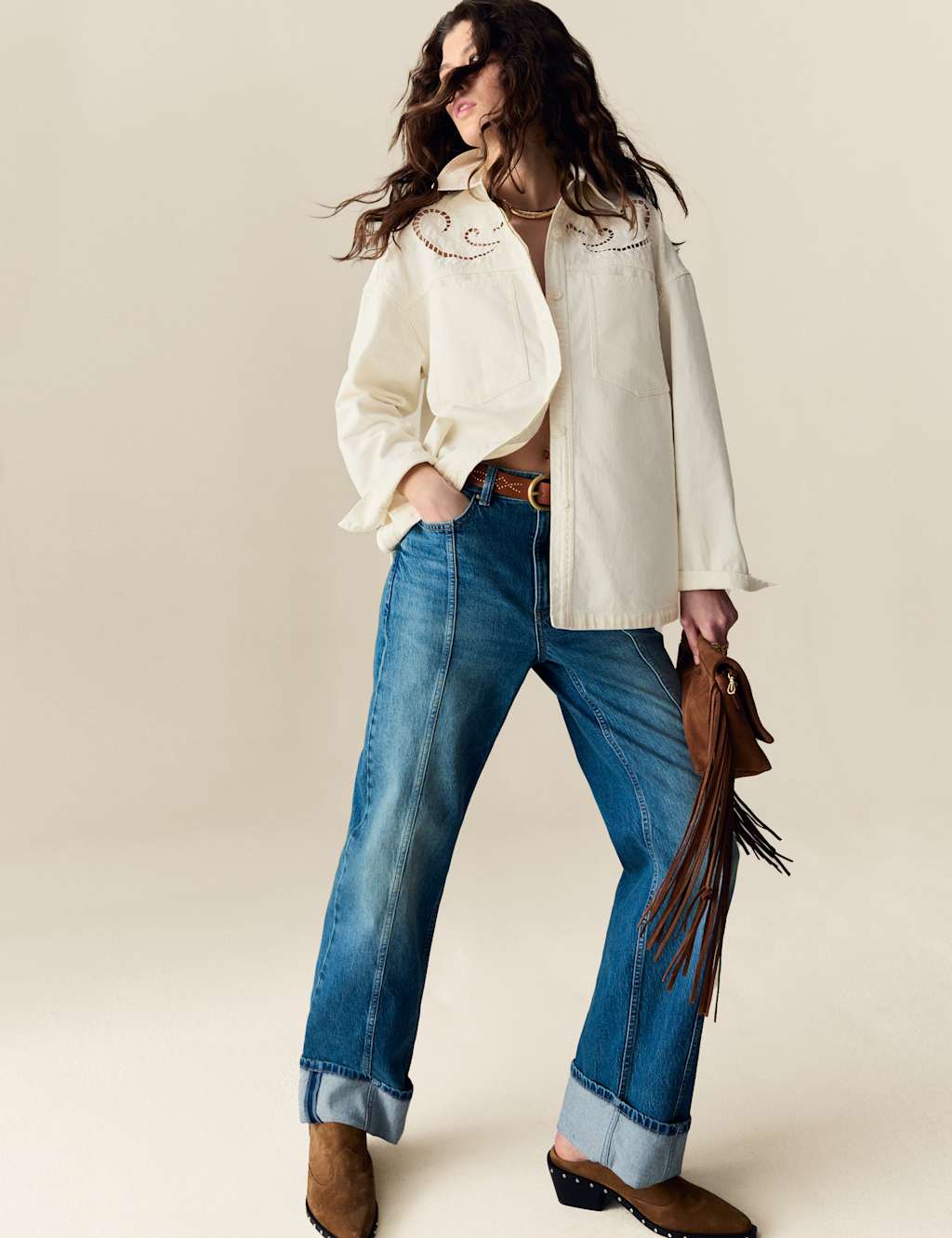 Pure Cotton Denim Collared Cutwork Shirt 3 of 7