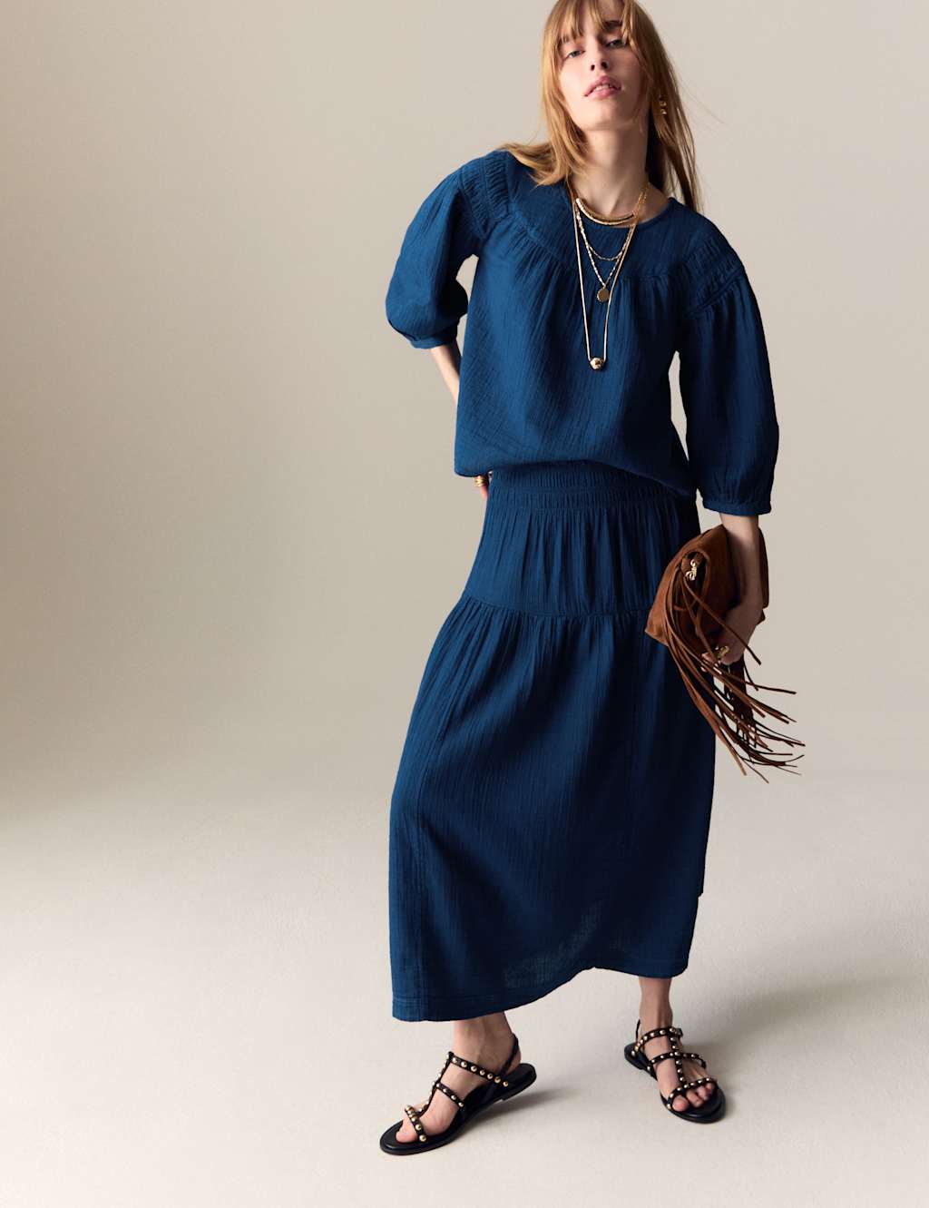 Pure Cotton Round Neck Gathered Popover Blouse 3 of 5