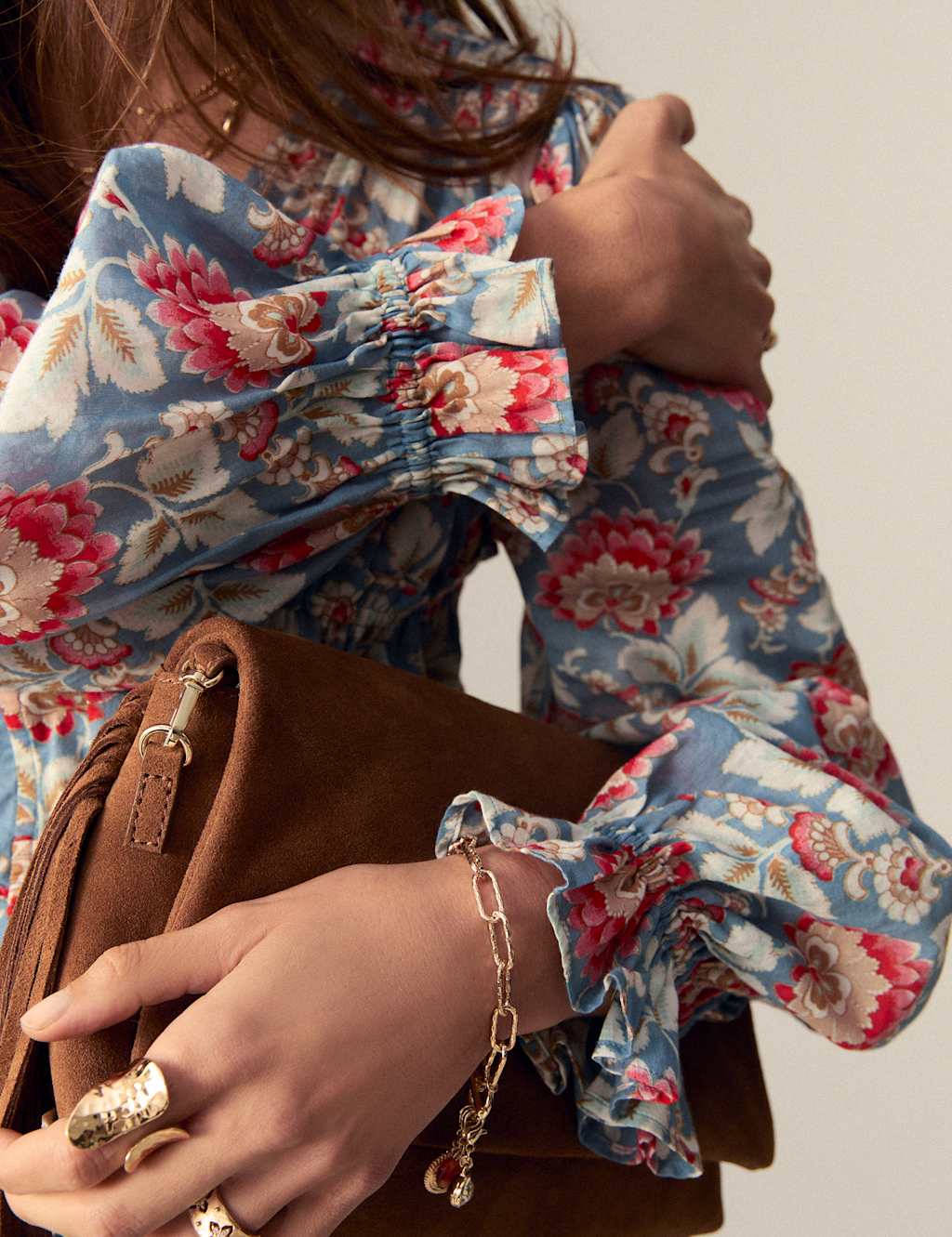 Pure Cotton Floral V-Neck Tie Front Blouse 3 of 6