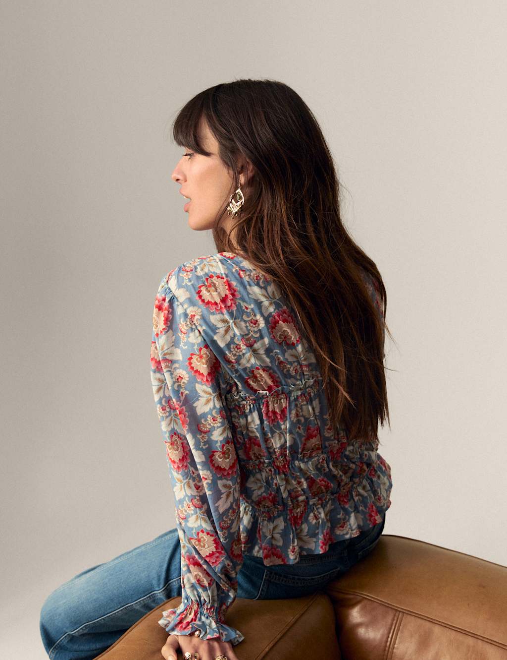 Pure Cotton Floral V-Neck Tie Front Blouse 4 of 6