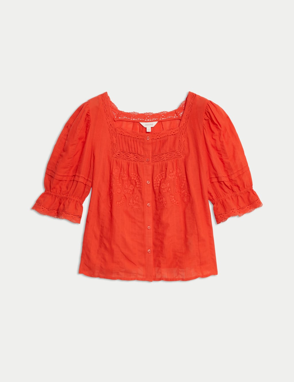 Cotton Rich Square Neck Lace Detail Puff Sleeve Blouse 2 of 5