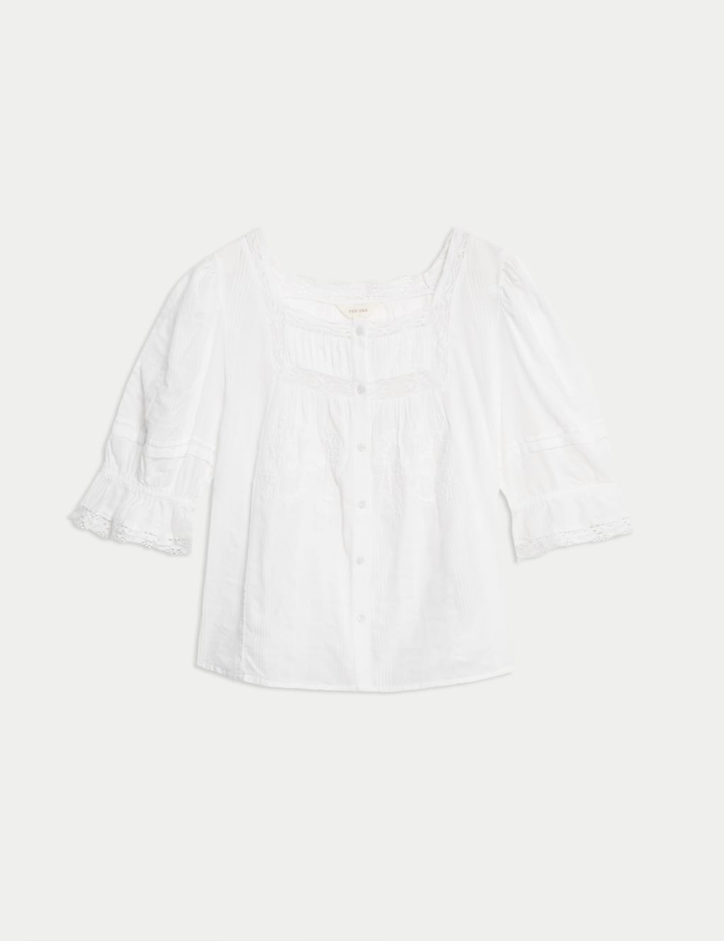 Cotton Rich Square Neck Lace Detail Puff Sleeve Blouse 2 of 5