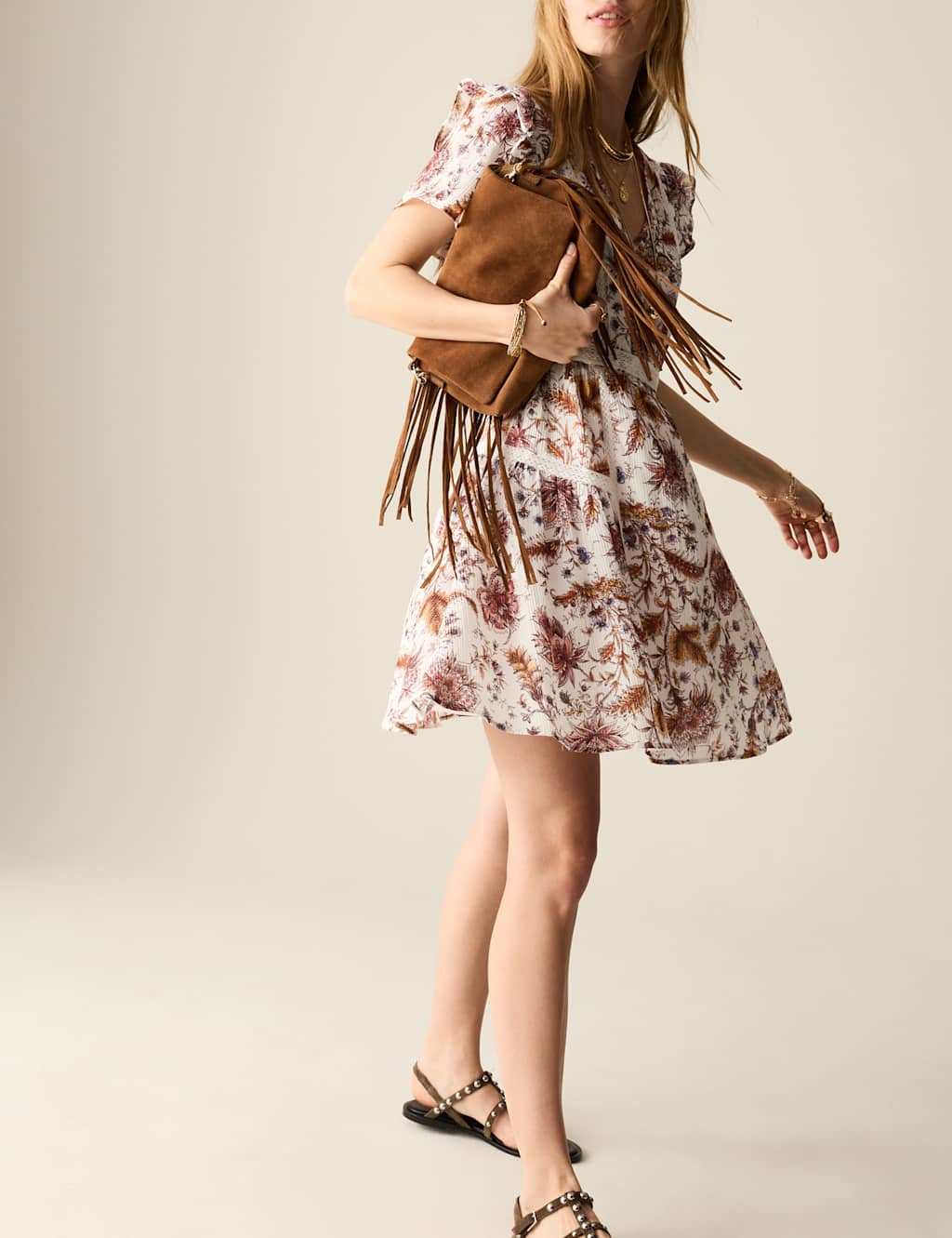 Printed V-Neck Ruffle Lace Insert Mini Dress 3 of 6