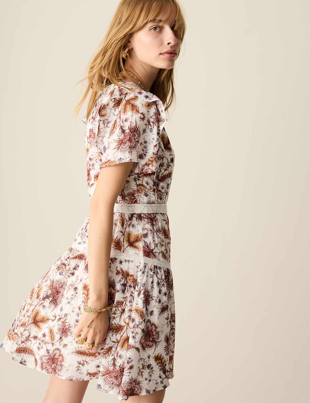 Printed V-Neck Ruffle Lace Insert Mini Dress 6 of 6