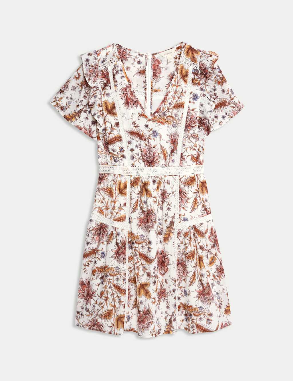 Printed V-Neck Ruffle Lace Insert Mini Dress 2 of 6