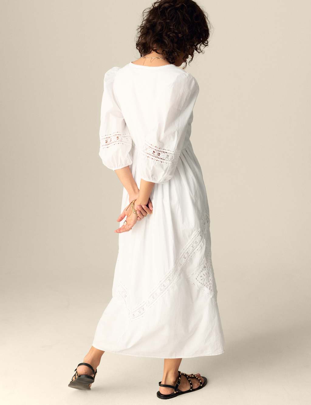 Pure Cotton V-Neck Crochet Detail Midaxi Waisted Dress 4 of 6