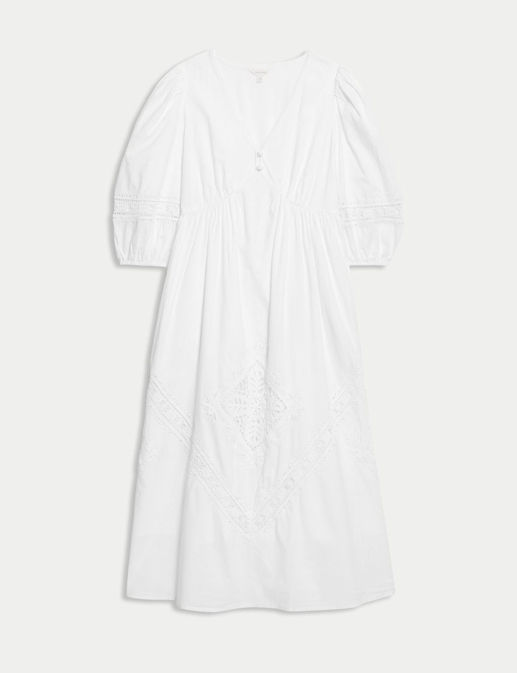 Pure Cotton V-Neck Crochet Detail Midaxi Waisted Dress 2 of 6