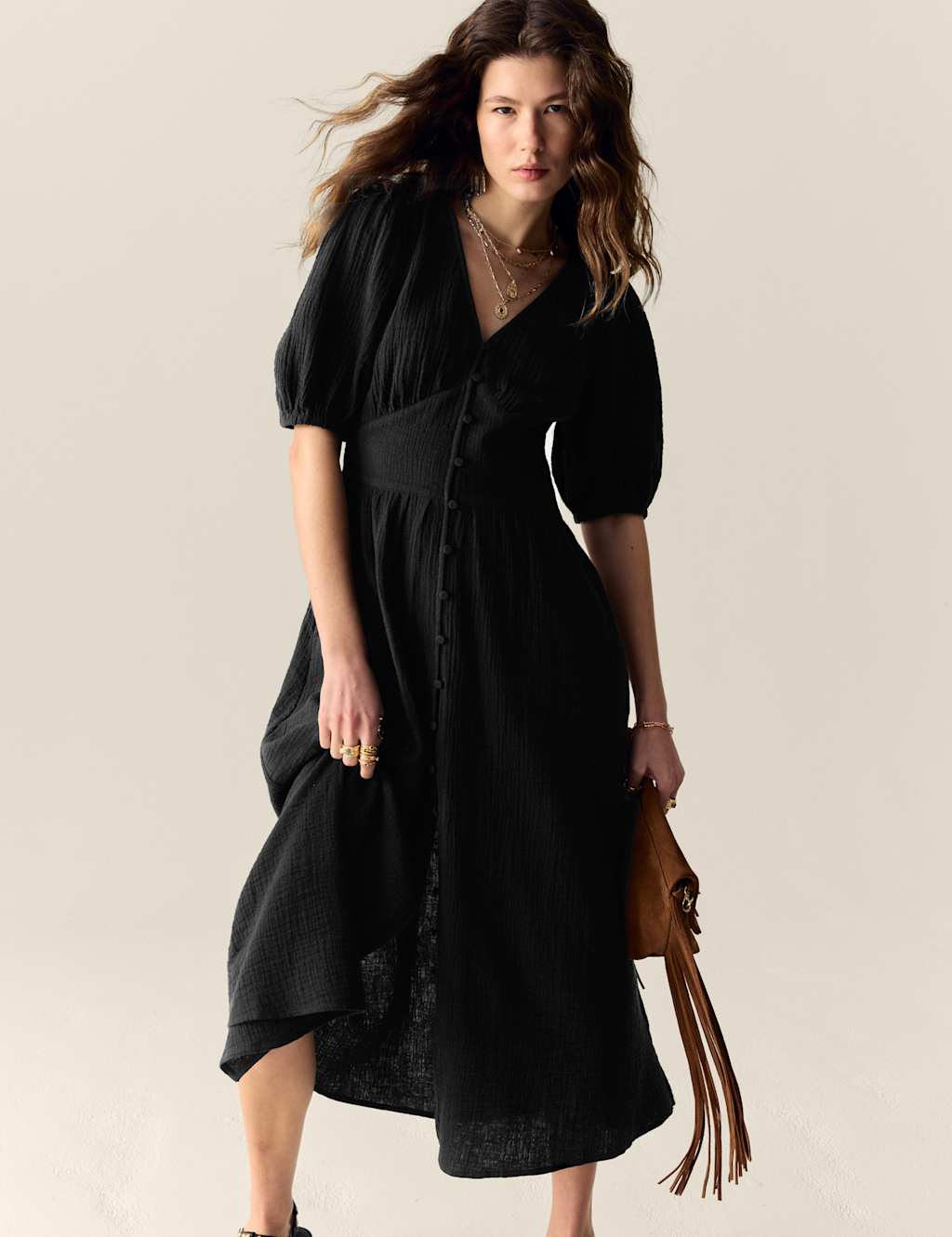 Pure Cotton V-Neck Button Through Midi Waisted Dress 1 of 5