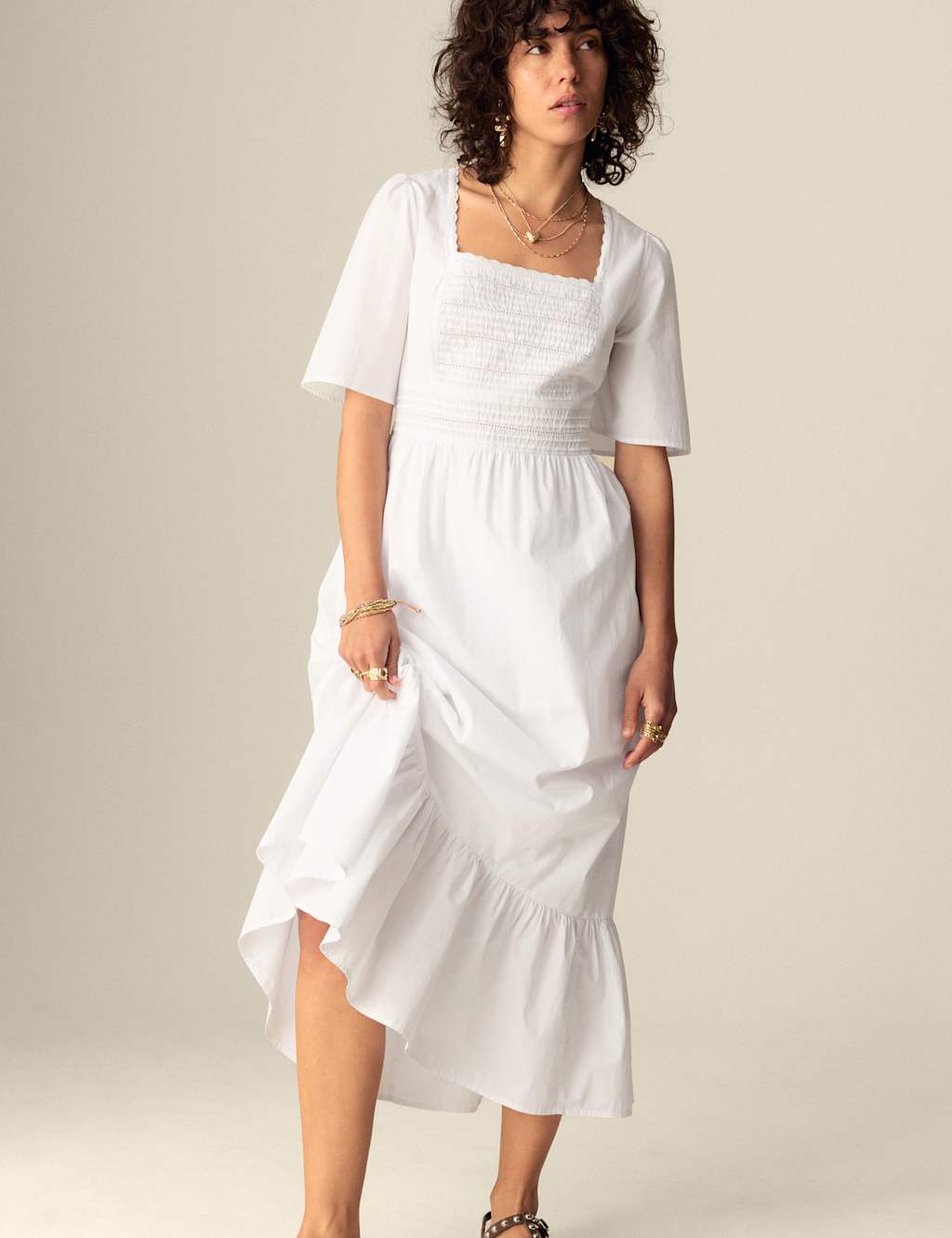 Pure Cotton Square Neck Crochet Detail Midaxi Tiered Dress 5 of 5