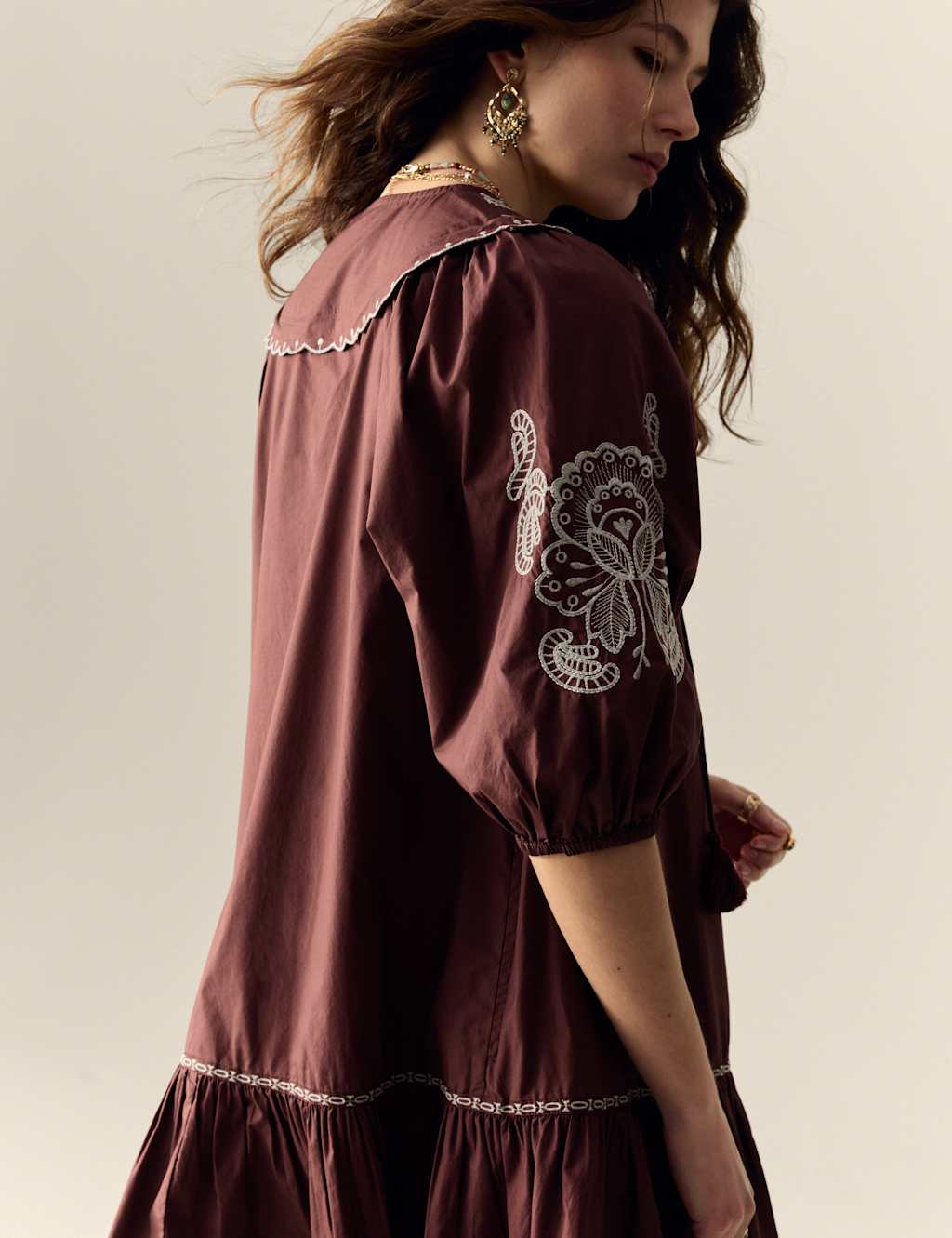 Pure Cotton Embroidered Tie Neck Puff Sleeve Mini Tiered Dress 5 of 5