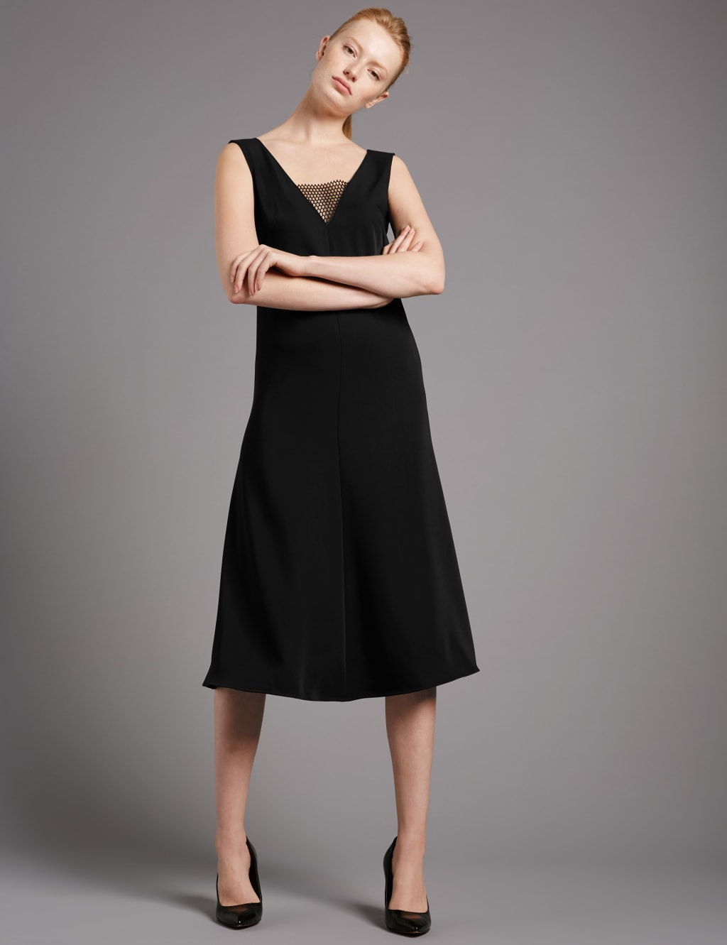 Deep V-Neck Insert Fit & Flare Dress 1 of 4