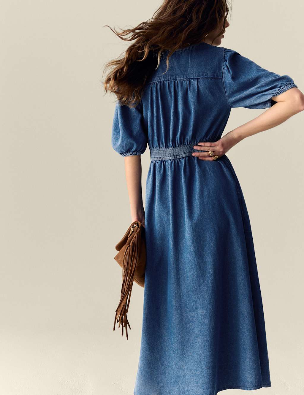 Denim V-Neck Button Through Midi Waisted Dress 4 of 5