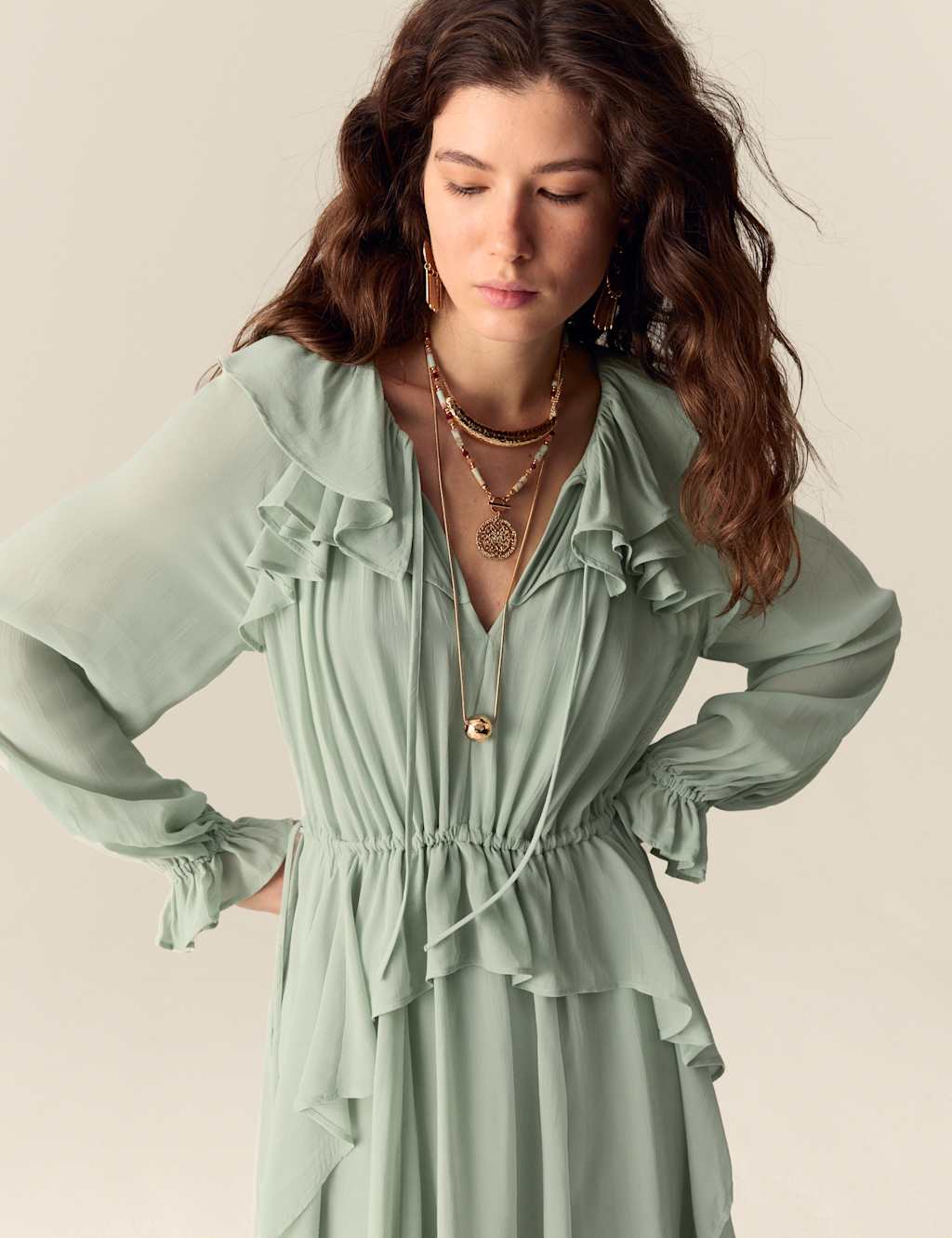 Tie Neck Ruffle Maxi Waisted Dress 3 of 7