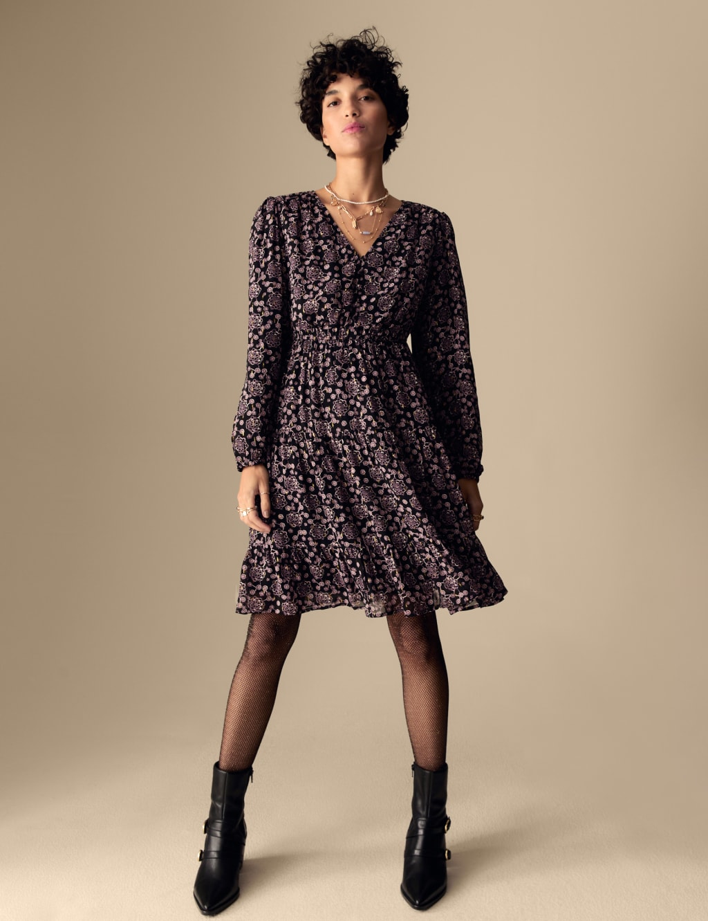 Sparkly Floral V Neck Mini Waisted Dress Per Una M S