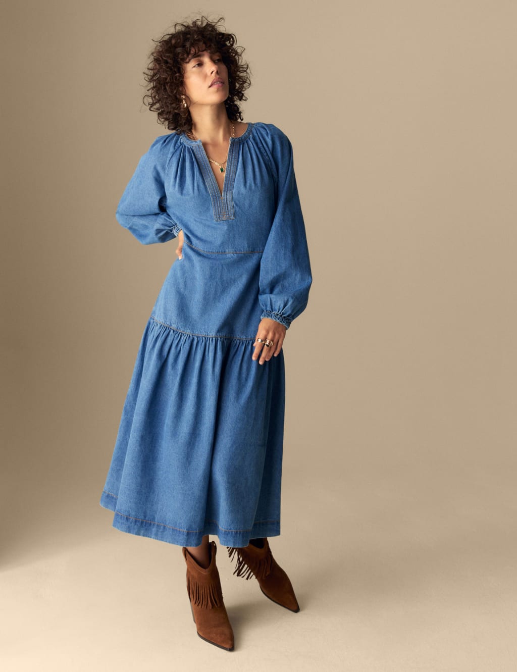 Denim V-Neck Midi Tiered Waisted Dress 5 of 5