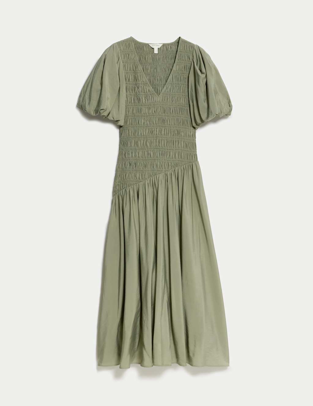 Textured V-Neck Puff Sleeve Midaxi Shirred Dress 2 of 5