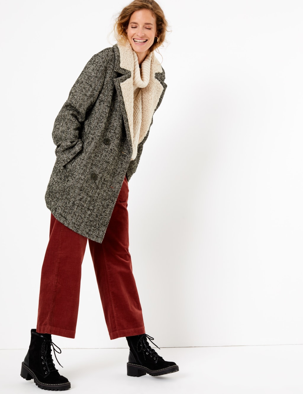 Herringbone Boucle Double Breasted Coat Per Una M S