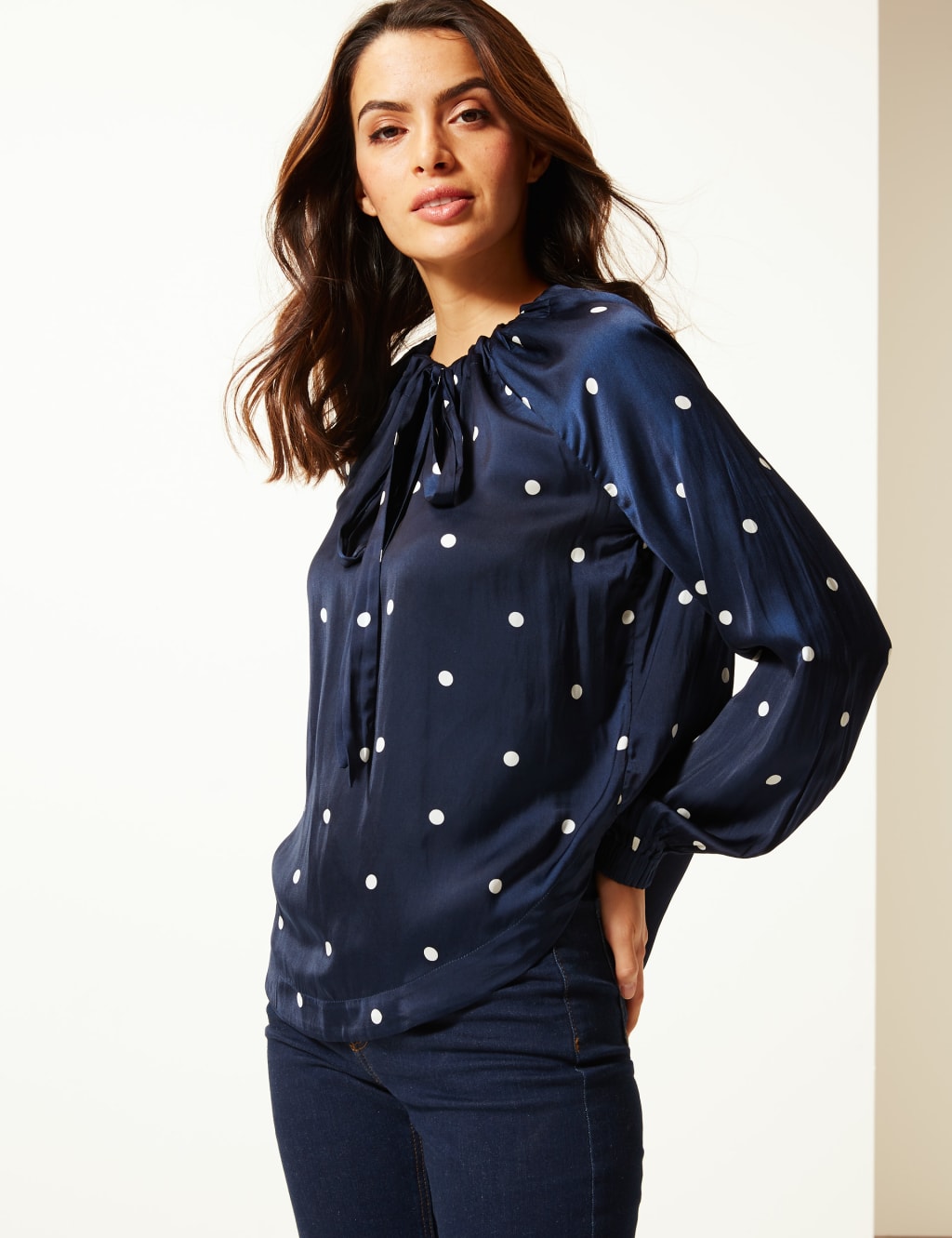 Polka Dot Round Neck Long Sleeve Blouse 3 of 4