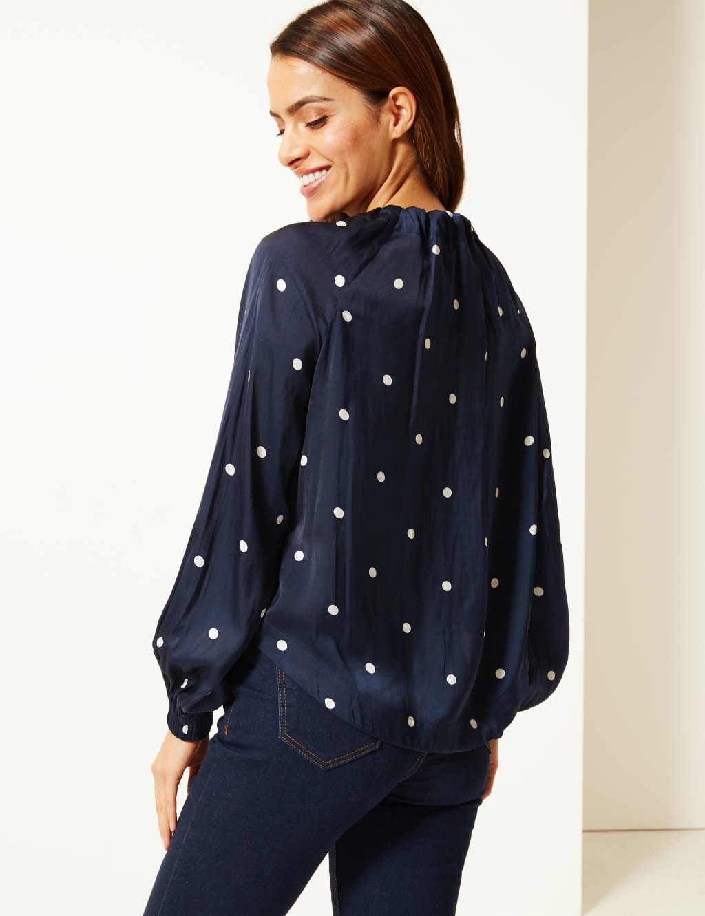 Polka Dot Round Neck Long Sleeve Blouse 4 of 4