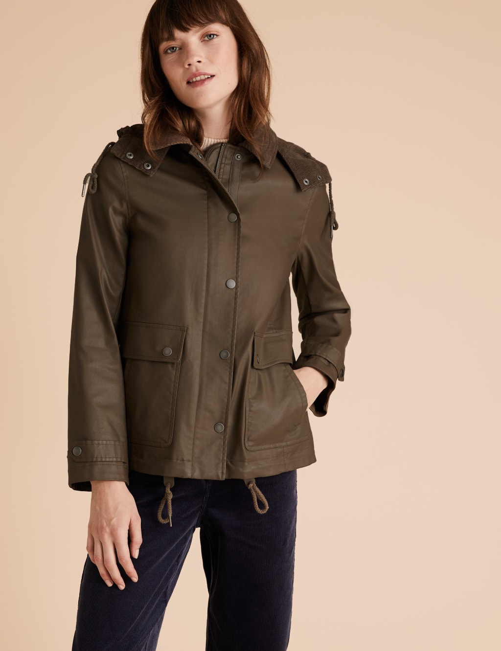 Waxed Look Removable Hood Short Jacket Per Una M S